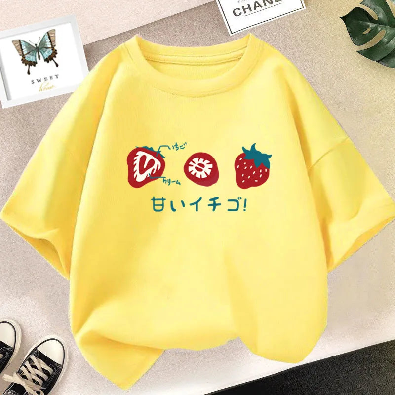 Strawberry Juice Graphic Print T-shirt Girls Aesthetic Pink Tops Tee 2023 Summer New Fashion Kids T Shirt