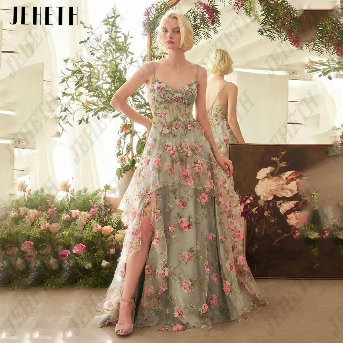 JEHETH 3D Flowers A Line Prom Dresses Sleeveless Corset Evening Party Dress Long Formal Gown Vestidos De Graduación Customized