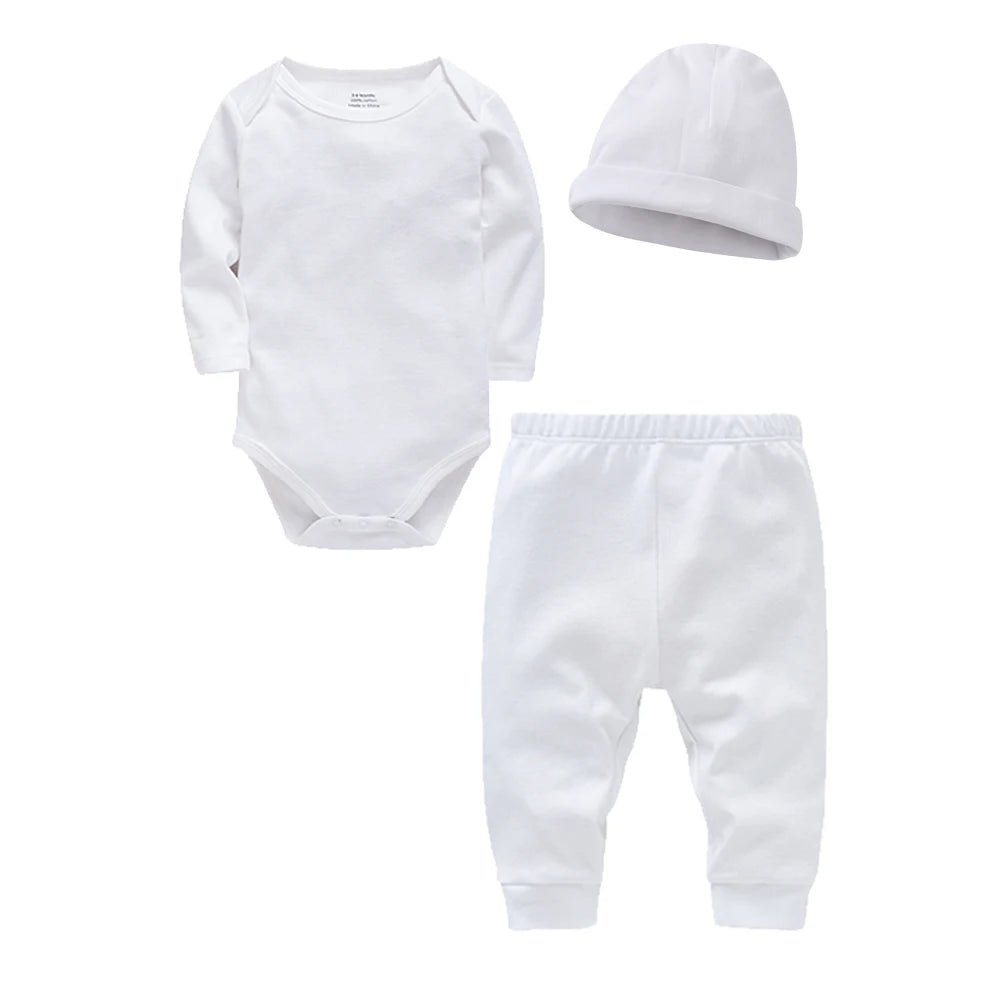 2/3 Pieces Set 100% Cotton Baby Rompers Pants Hat Blank Colors Kids Trousers Plain Newborn Clothing Muslin Bodysuit Clothes