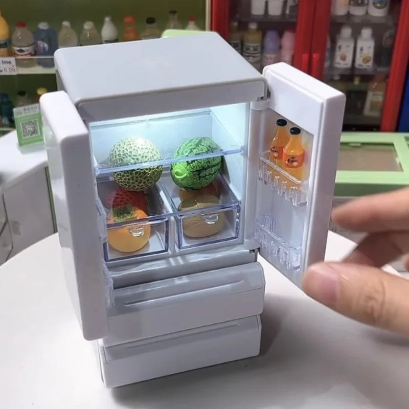 Miniature Refrigerator with Lighting 1:12 Double Door Mini Home Appliance Model Kitchen Scene Playing House Simulation Food Play