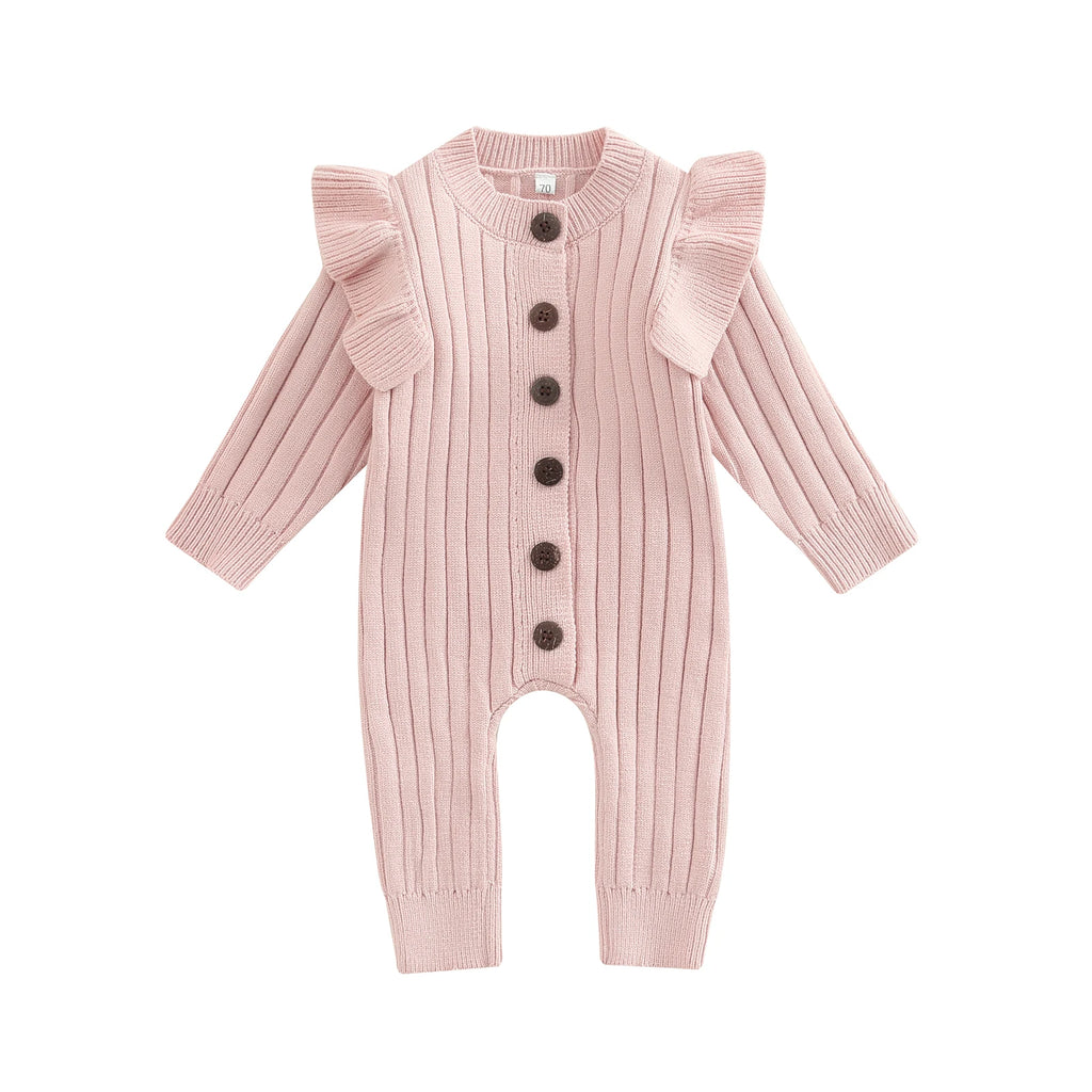2022-07-08 Lioraitiin 0-18M Baby Girl’s Knitted Long Sleeve Jumpsuit Fashion Solid Round Neck Button Casual Long Romper