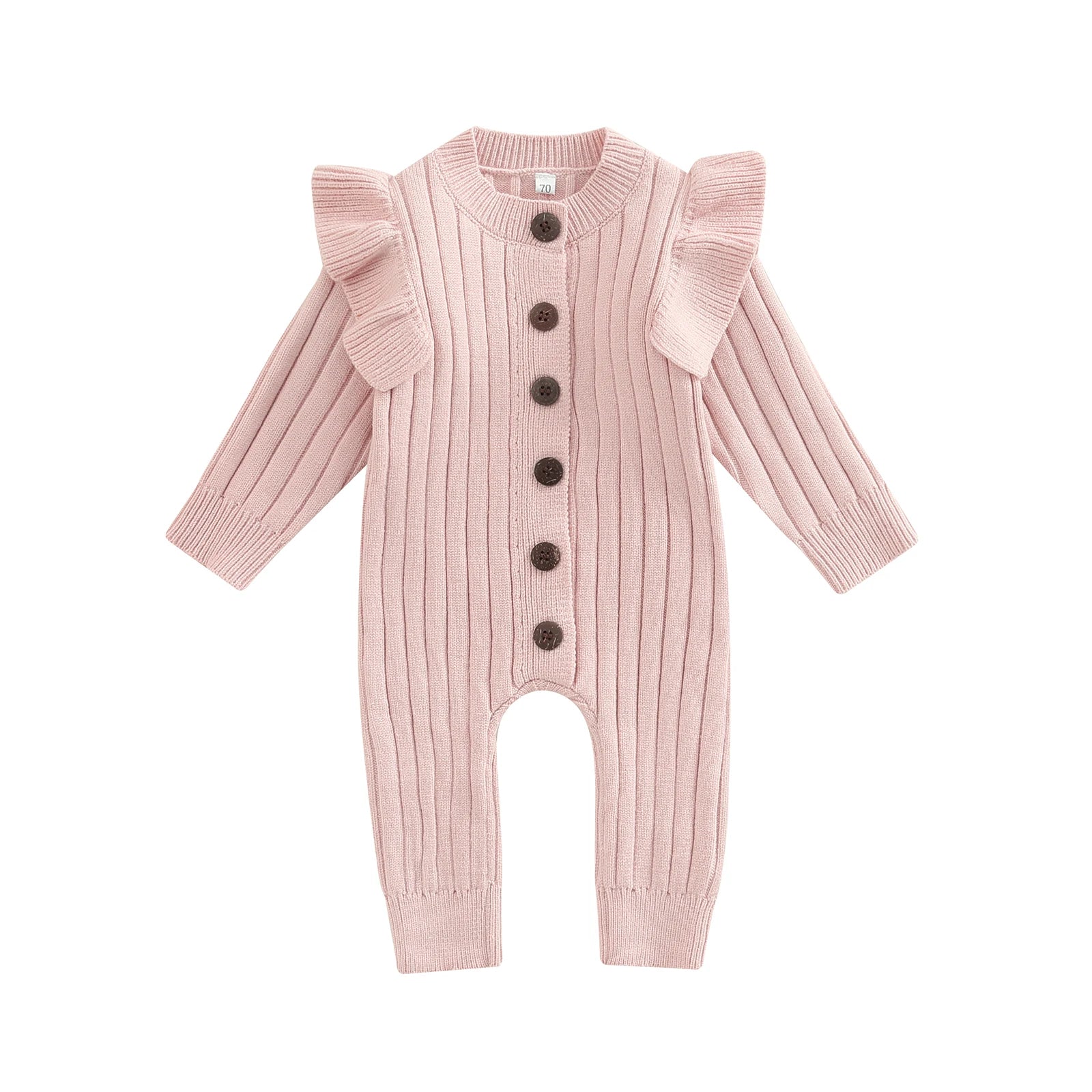 2022-07-08 Lioraitiin 0-18M Baby Girl’s Knitted Long Sleeve Jumpsuit Fashion Solid Round Neck Button Casual Long Romper