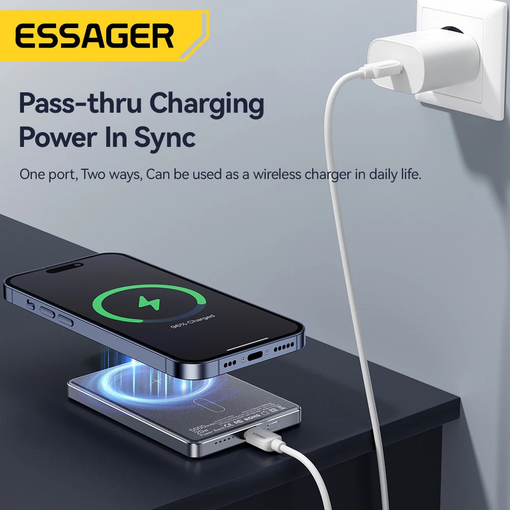 Essager Thin Wireless Power Bank 5000mAh 20W Fast Charging Portable External Battery Magnetic Magsafe Compatible for iPhone 1716