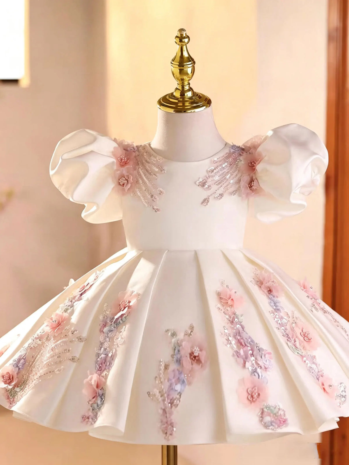 Jill Wish J892 White Girls Dress 3D Flowers Puff Sleeve Kids Wedding Dress Sequin Embroidery Birthday Party Gown with Headband