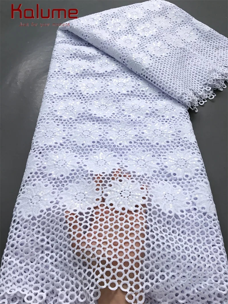 White African Guipure Cord Lace Fabric with Sequins 2025 High Quality Nigerian Guipure Cord Lace for Sewing Wedding Dress F4025