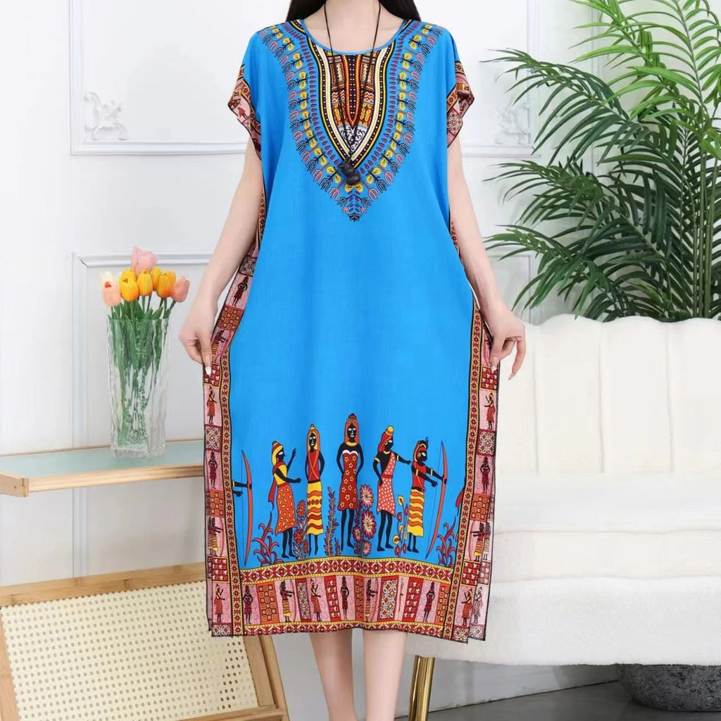 2025 Summer New Casual Elegant Retro Bohemian Style V-neck Elastic Waist Large Swing Printed Long Skirt Autumn Summer Dress