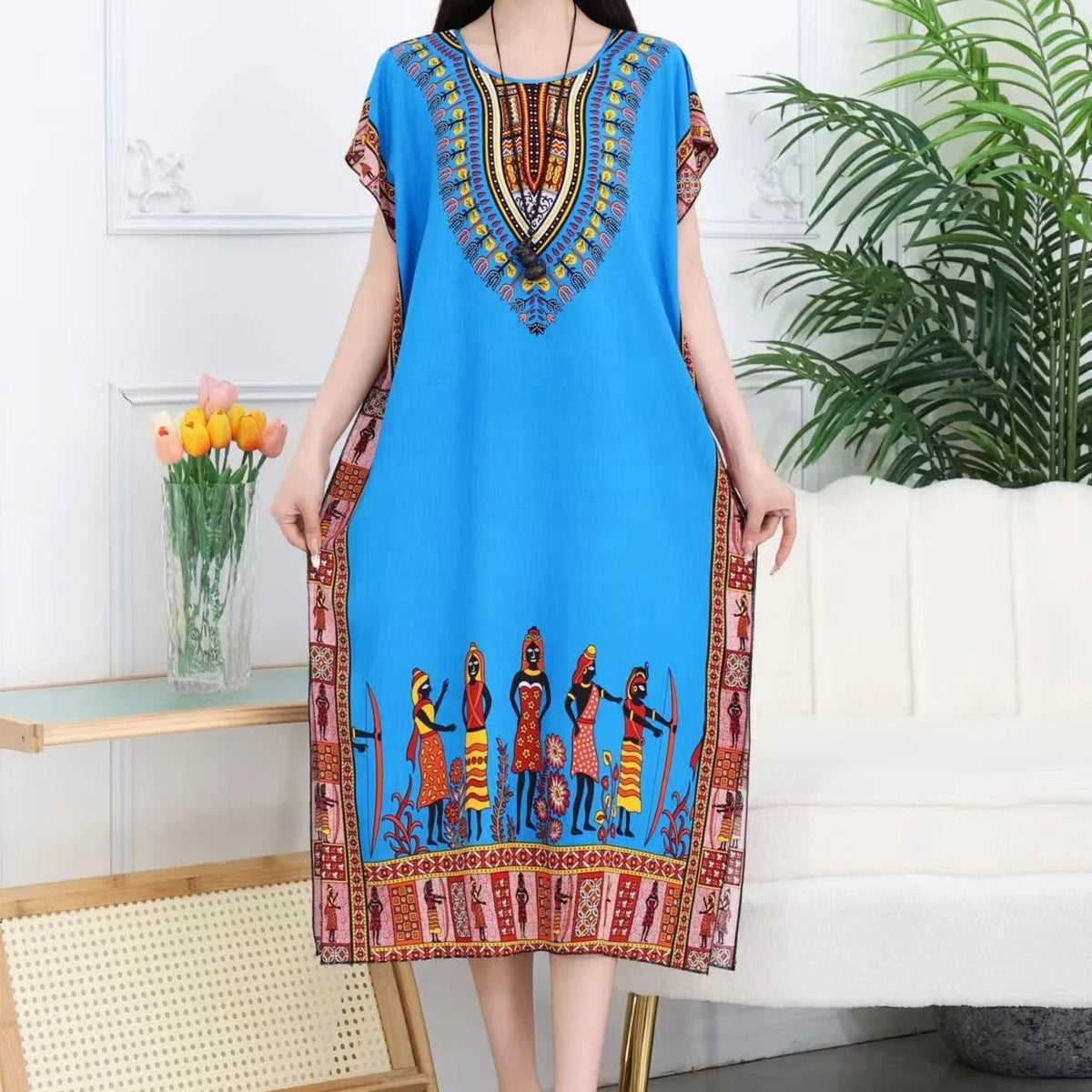 2025 Summer New Casual Elegant Retro Bohemian Style V-neck Elastic Waist Large Swing Printed Long Skirt Autumn Summer Dress