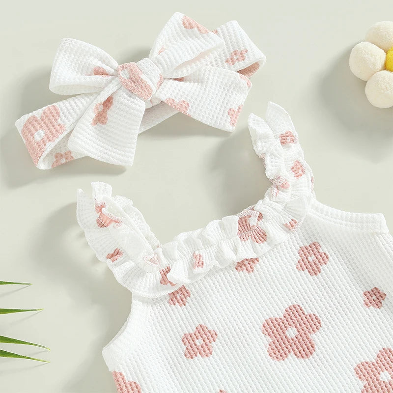0-18Months Baby Girls 3Pcs Summer Outfits Floral Sleeveless Strap Romper + Shorts + Headband Set