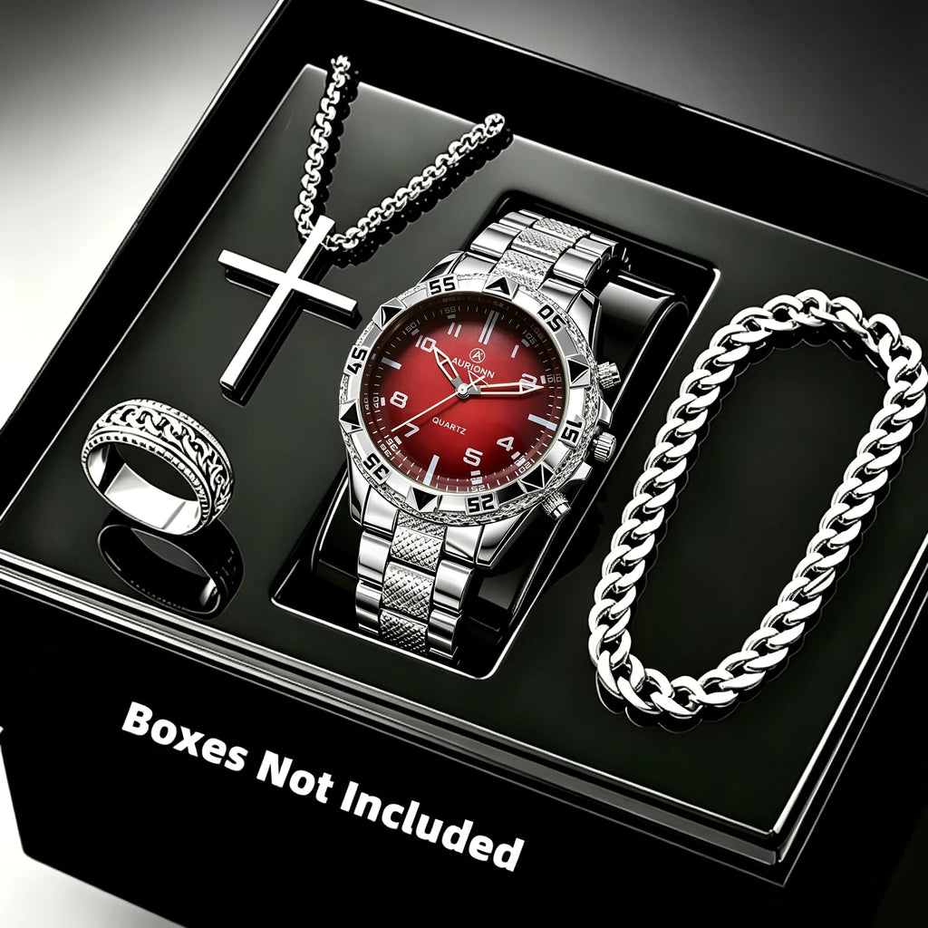 Men's Fashion Business 4-piece Set Quartz Watch with Crucifix Pendant Necklace, Bracelet and Ring Set - Alloy Strap