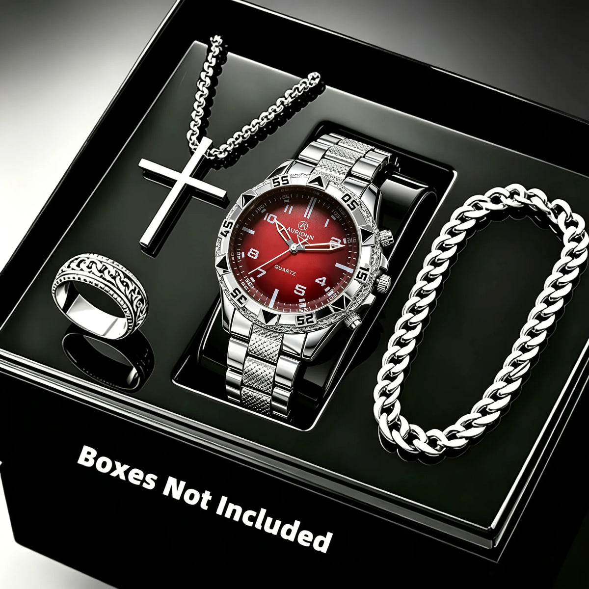 Men's Fashion Business 4-piece Set Quartz Watch with Crucifix Pendant Necklace, Bracelet and Ring Set - Alloy Strap