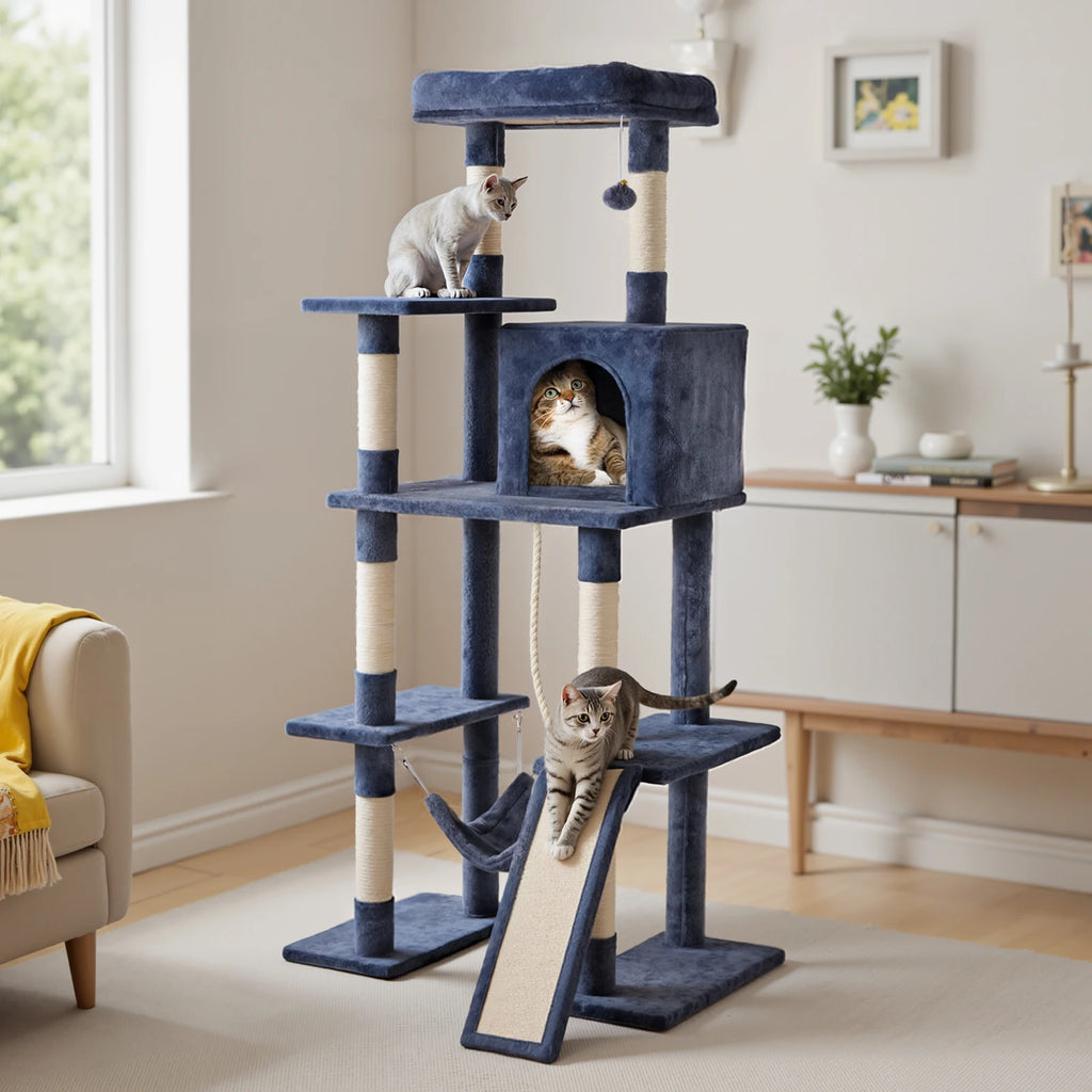 JHK 63In Cat Tree Tall Multi-Cat Climbing Tower for Pet Furniture Natural Sisal Scratching Posts Stable Pet House for Indoor Cat