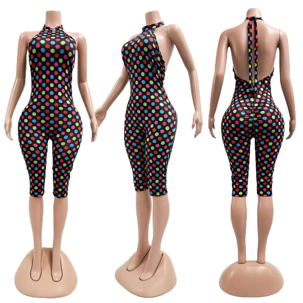 FLARORA Sexy Polka Dot Print Jumpsuit Woman Trend Halter Bandage Backless Sleeveless Peach Hip Skinny Elasticity Street Overalls