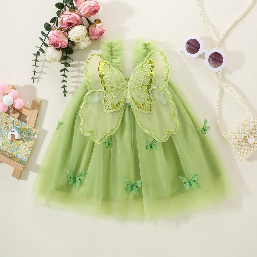 Party Dress for Kids Girl Summer Pink Butterfly Wings Mesh Dress Kids Birthday Clothes for Girl
