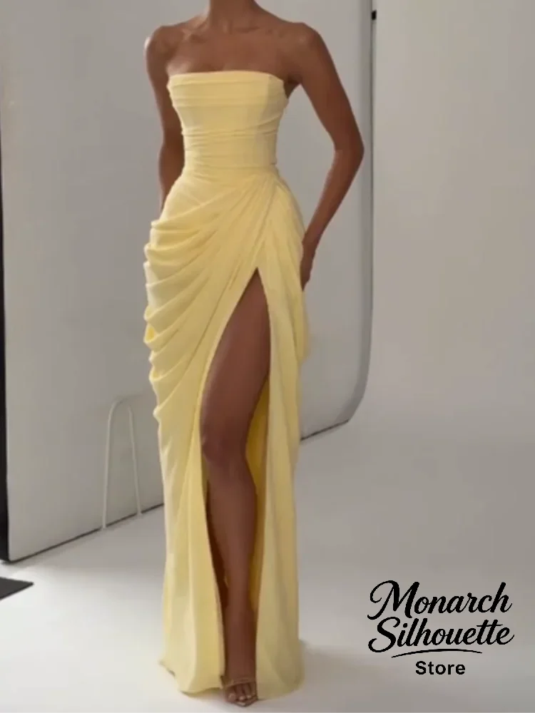 Elegant Yellow Strapless Pleated Long Dress Women Chic Solid Sleeveless Waist Cinching Split Gown 2026 Lady Evening Party Robes