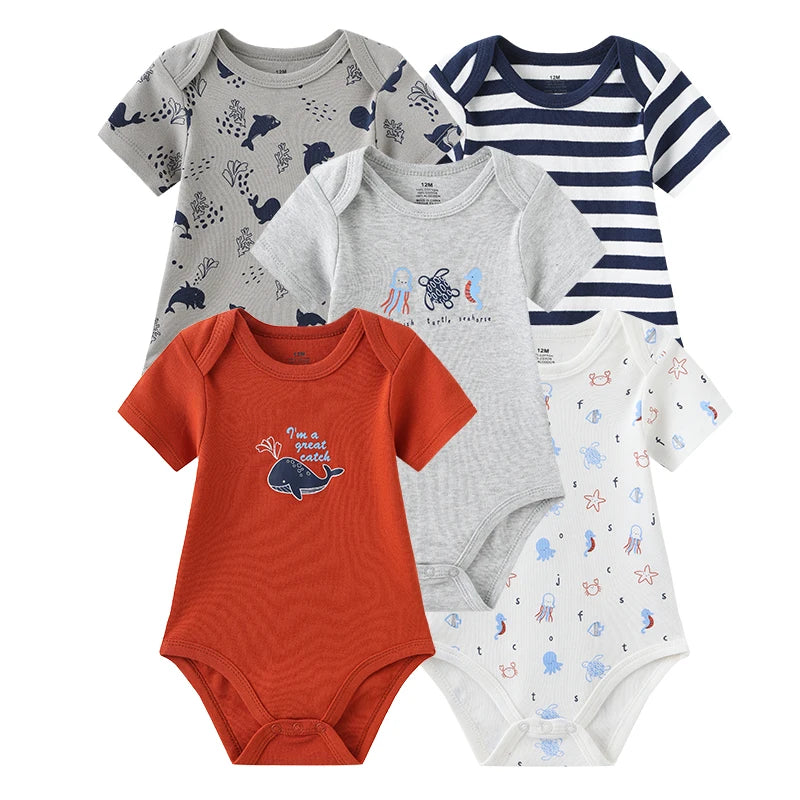 Newborn Bodysuits Unisex 5Pieces Baby Girl Clothes Solid Color Cotton Baby Boy Clothes Set Cartoon Print Summer Bebes
