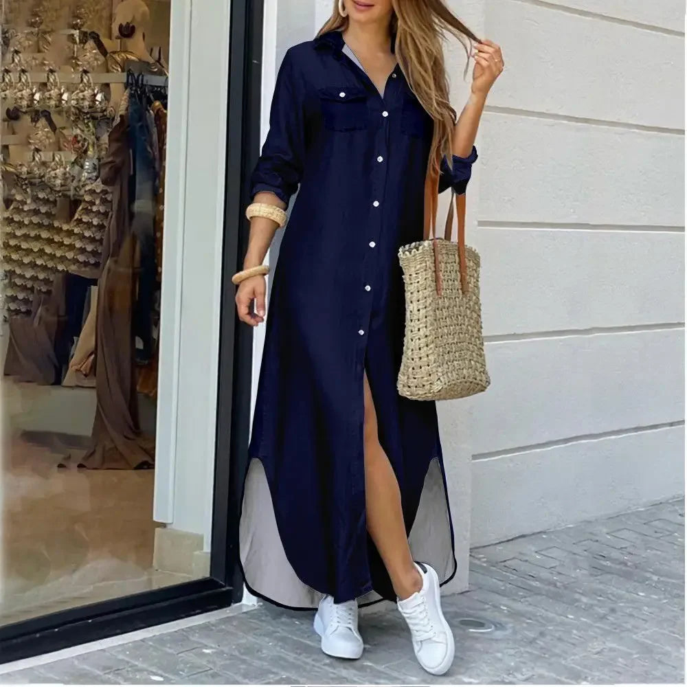 Women Shirt Dress Single Breasted Long Dresses Full Sleeve Turn Down Collar Solid Vestidos Shirts Pockets Split Casual 2025