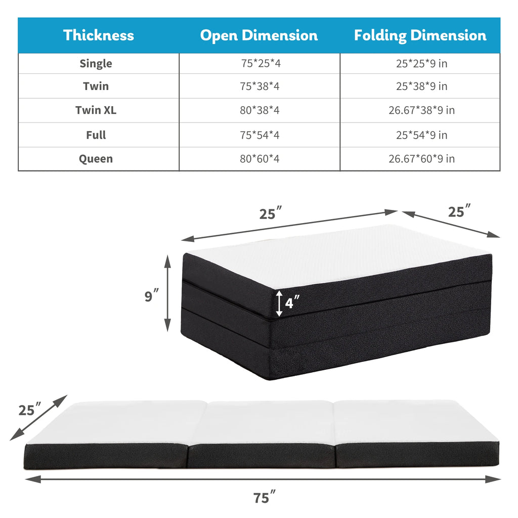 JHK Three Fold Portable Floor Bed,Certified By CertiPUR-US,Suitable For Travel,Camping,And Yoga,Soft Touch And Flexible Zipper