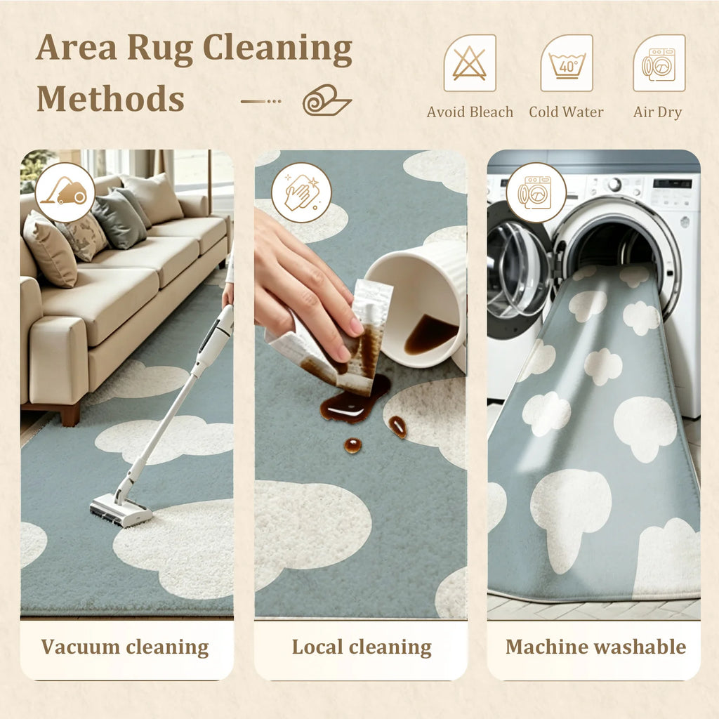 Large Indoor Area Rug, Soft Velvet Low Pile with Non-slip Dotted Backing, Machine Washable, Light Blue with White Cloud Pattern for Living Room, Bedroom, Nursery