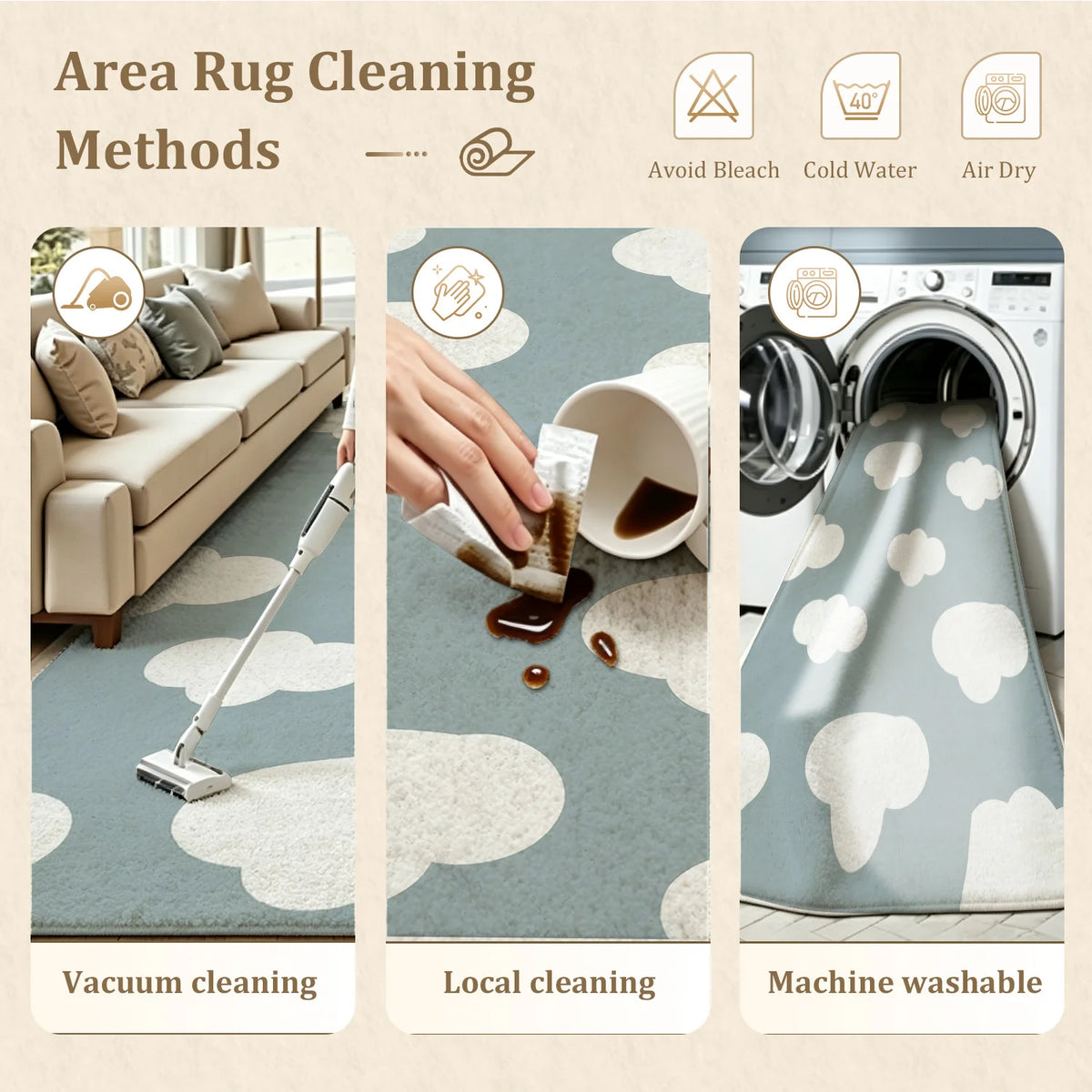 Large Indoor Area Rug, Soft Velvet Low Pile with Non-slip Dotted Backing, Machine Washable, Light Blue with White Cloud Pattern for Living Room, Bedroom, Nursery