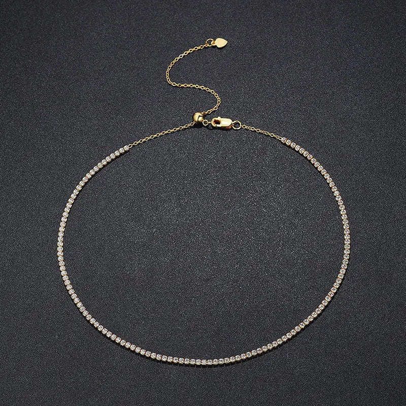 FEOBUR 2mm Moissanite Tennis Necklaces for Women S925 Silver Plated 18K Gold Adjustable Full Diamond Choker Neck Chain Jewelry