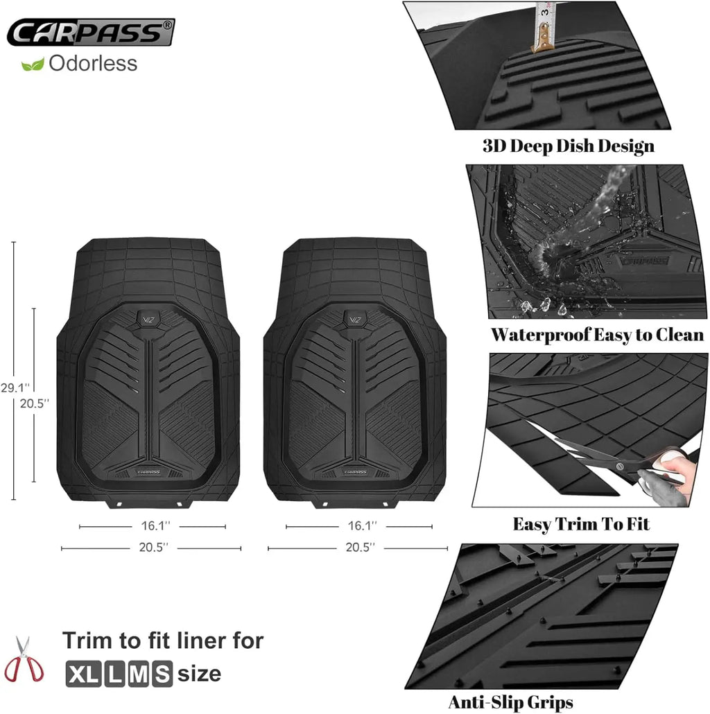 Heavy Duty Rubber Car Mats 2-Piece Front, Deep-Dish All Weather, Universal Fit, Anti-Slip, Black