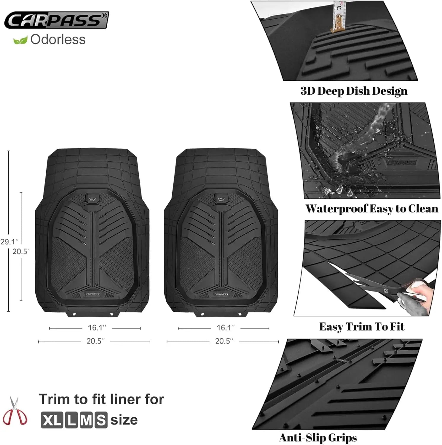 Heavy Duty Rubber Car Mats 2-Piece Front, Deep-Dish All Weather, Universal Fit, Anti-Slip, Black