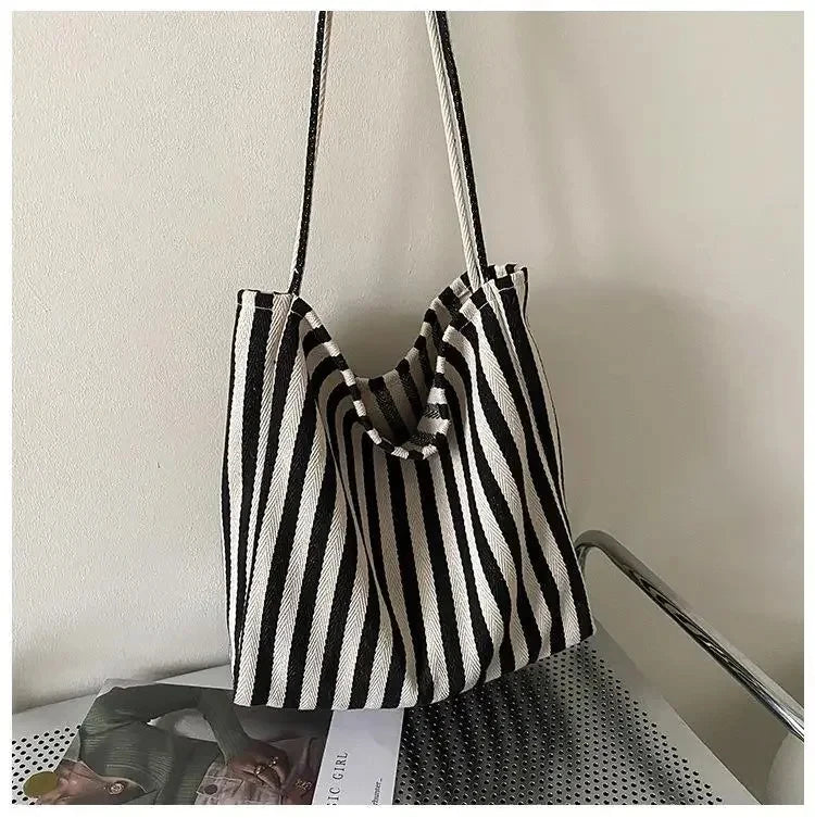 Female Casual Multifunctional Travel Top-handle Handbag Large Capacity Canvas Women Shopper Tote Simple Striped Shoulder Bag2025
