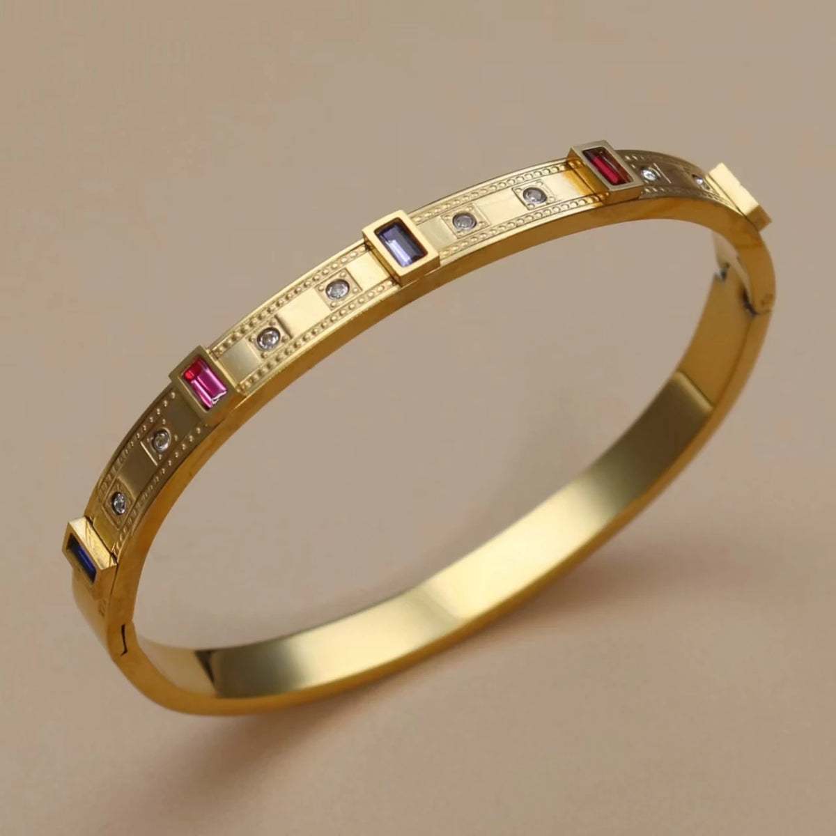 C8 Inlay Square Small Coloured Zircon Stainless Steel Gold Color Stacking Bracelet, Cubic Zircon Design Women's Jewellery Bangle