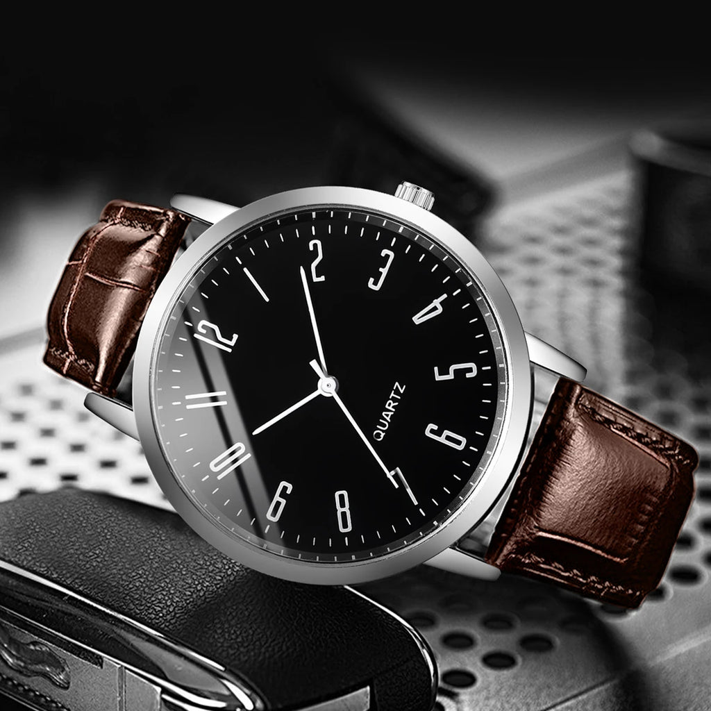 4PCS Men's Watches Casual Arabic Dial Leather Band Quartz Watch Vintage Bracelets Set（Without Box）