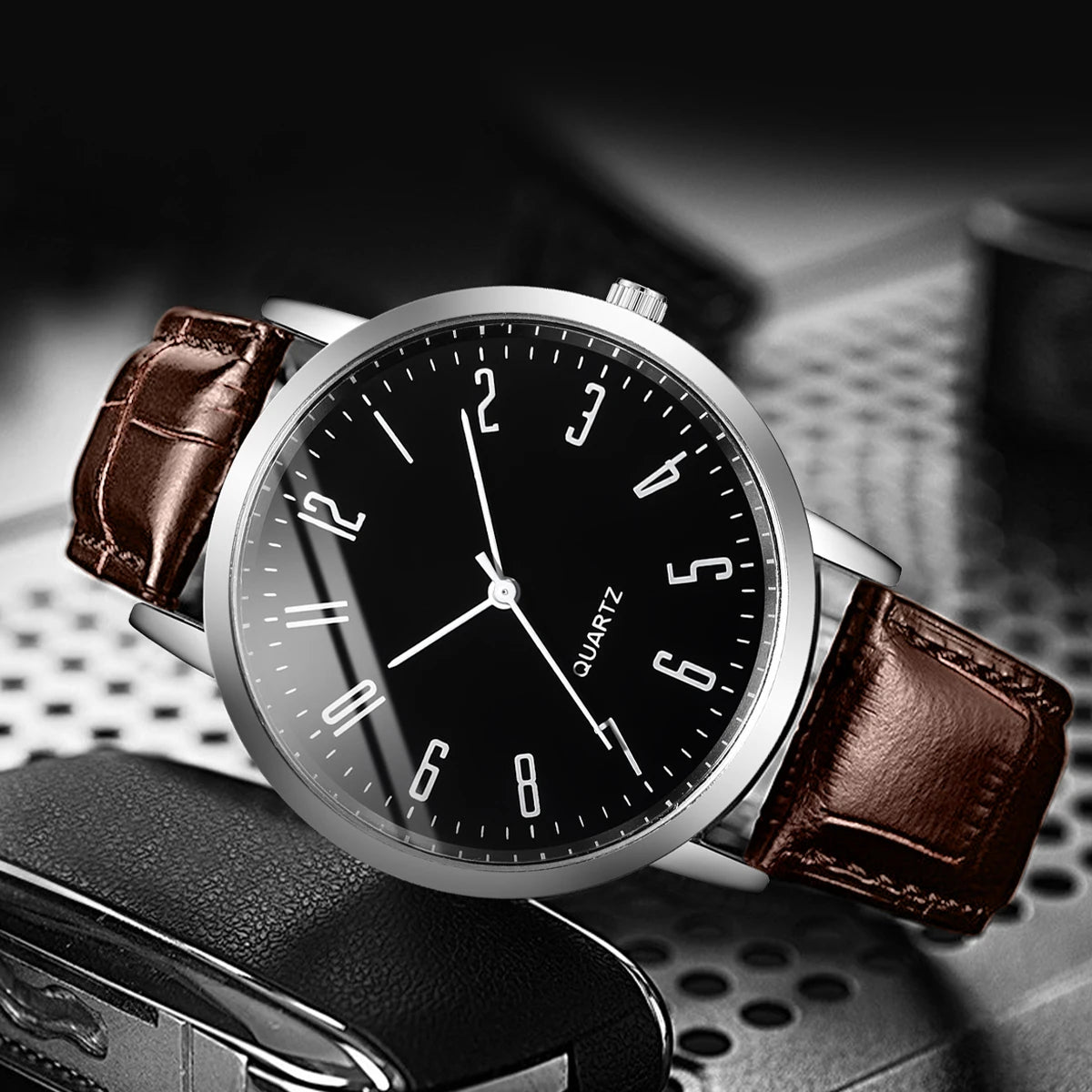 4PCS Men's Watches Casual Arabic Dial Leather Band Quartz Watch Vintage Bracelets Set（Without Box）