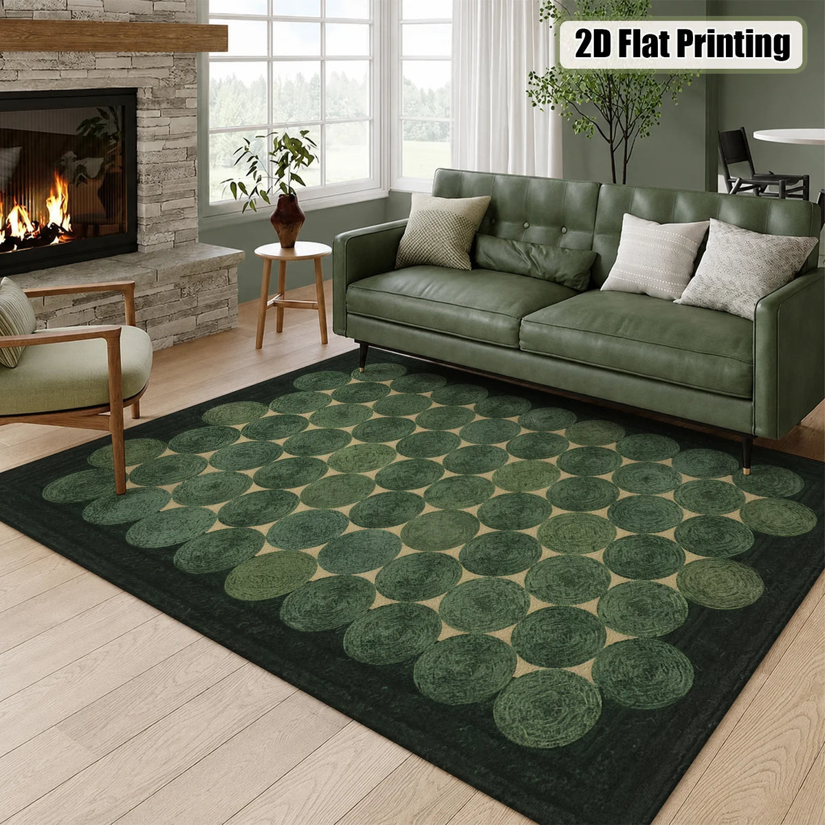Large Indoor Area Rug, Soft Velvet Low Pile Rug with Non-Slip Dotted Backing & Machine Washable, Modern Geometric Moss Green Circle Pattern for Living Room, Bedroom, Entryway