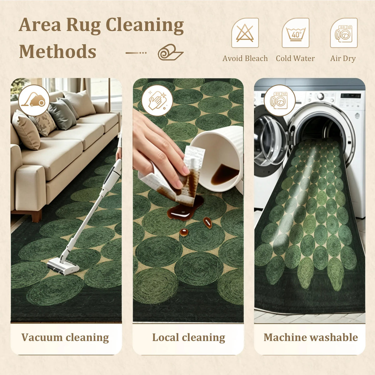 Large Indoor Area Rug, Soft Velvet Low Pile Rug with Non-Slip Dotted Backing & Machine Washable, Modern Geometric Moss Green Circle Pattern for Living Room, Bedroom, Entryway