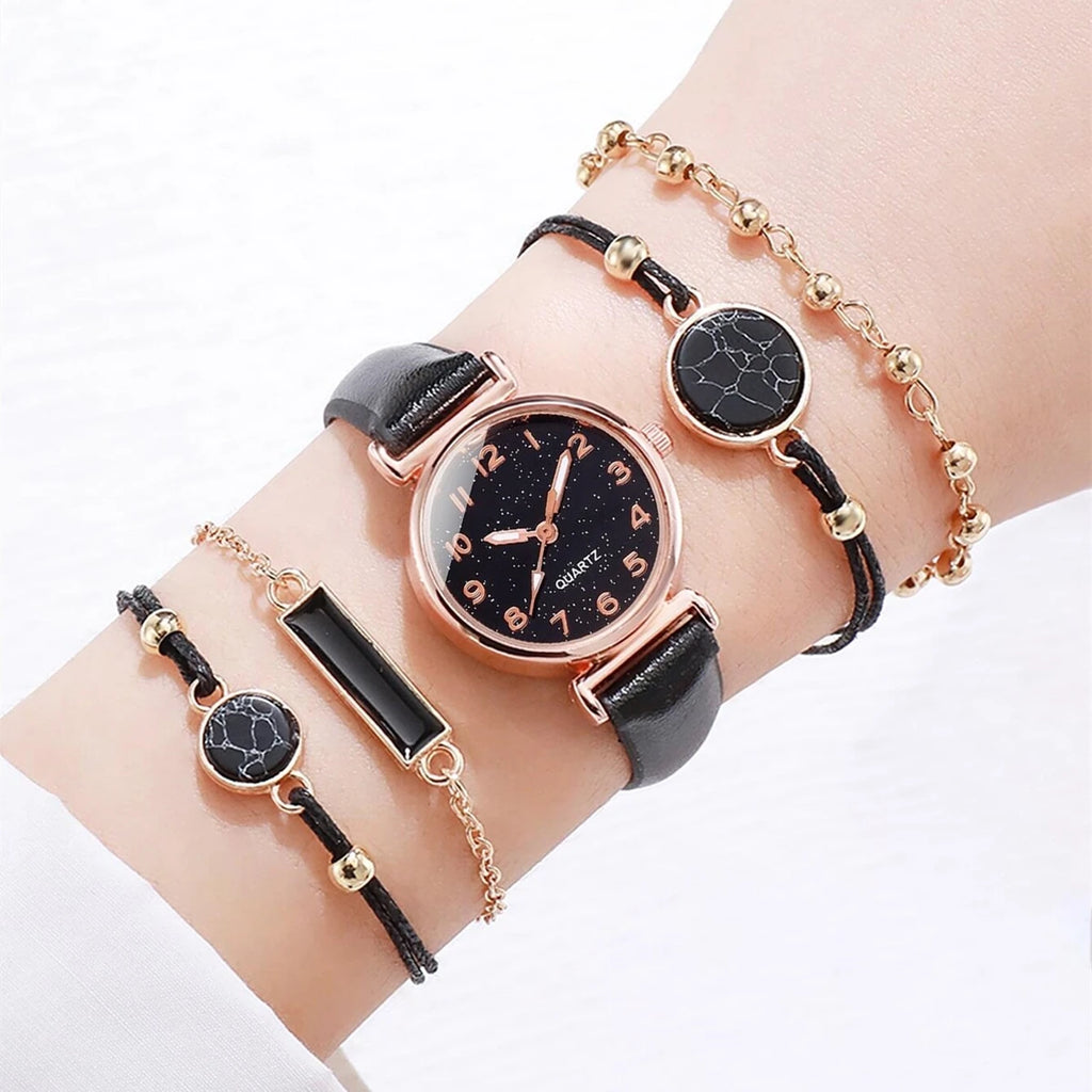 5PCS/Set Women's Watch Fashion Starry Sky Dial Leather Band Quartz Watches Turquoise Bracelets Set