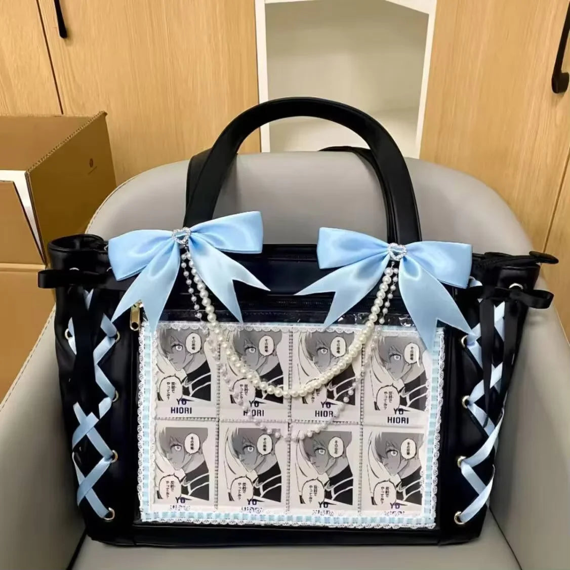 Japanese Sweet Women Ribbon Ita Bag Fashion Large Capacity Tote Bag Aesthetic Shoulder Bag Cute Lolita Girl Transparent Handbags