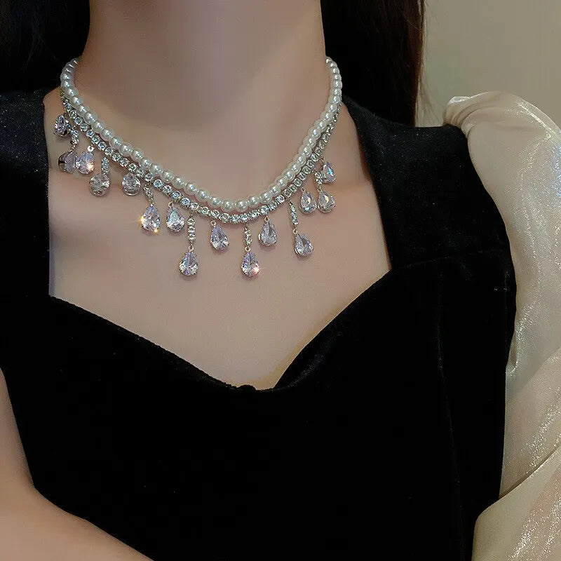 Luxury Rhinestone Crystal Chokers Necklaces For Women Multilayer Imitation Pearl Chain Necklace For Party Wedding Jewelry K-