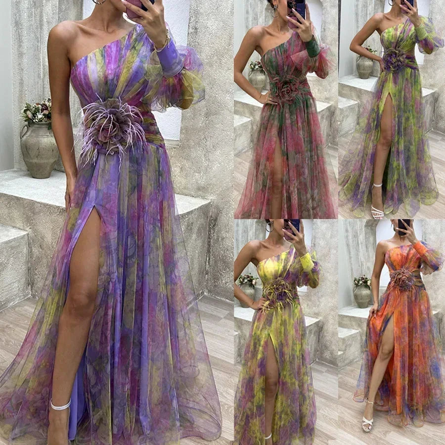 Women New Party Mesh Sloping Shoulder Dress Casual Fashion Sexy High Waist Long Maxi Loose Dress