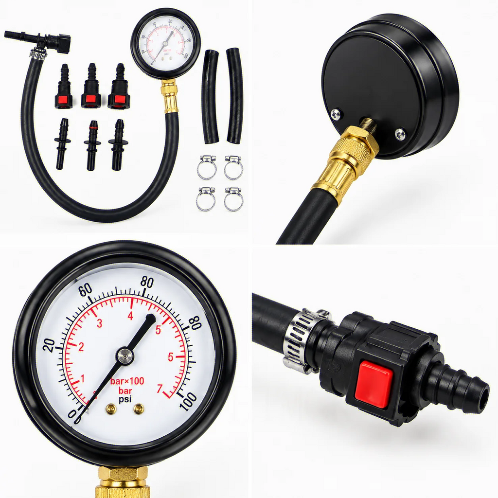 HTMCK Auto & Motorcycle Pressure Test Gauge Kit 0-100PSI with Valve, 63mm Dial, 789mm 949mm Hoses, Vehicle Maintenance Measuring