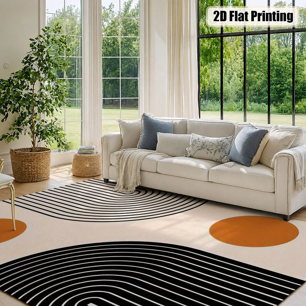 Large Indoor Area Rug, Soft Velvet Low Pile with Non-slip Dotted Backing, Machine Washable Mid-Century Geometric Black & Terracotta Pattern Rug for Living Room, Bedroom, Modern Home Decor