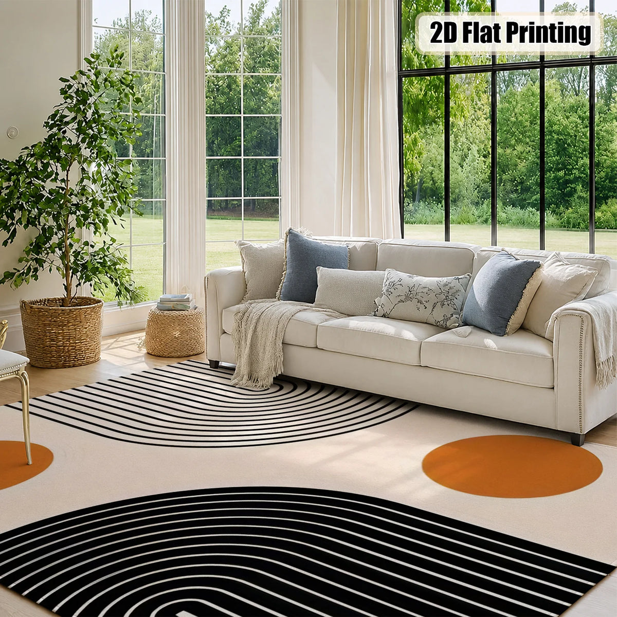 Large Indoor Area Rug, Soft Velvet Low Pile with Non-slip Dotted Backing, Machine Washable Mid-Century Geometric Black & Terracotta Pattern Rug for Living Room, Bedroom, Modern Home Decor
