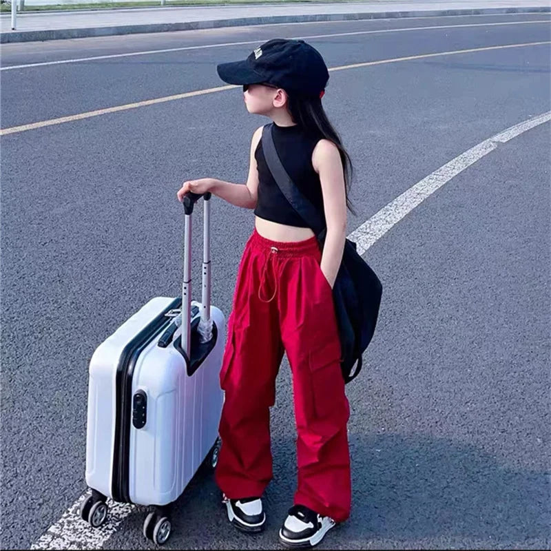 Teen Girls Joggers Pants Loose Casual Fashion Children Straight Trousers Pockets Design Trendy Cool Streetwear Kids Pants 5-14 Y