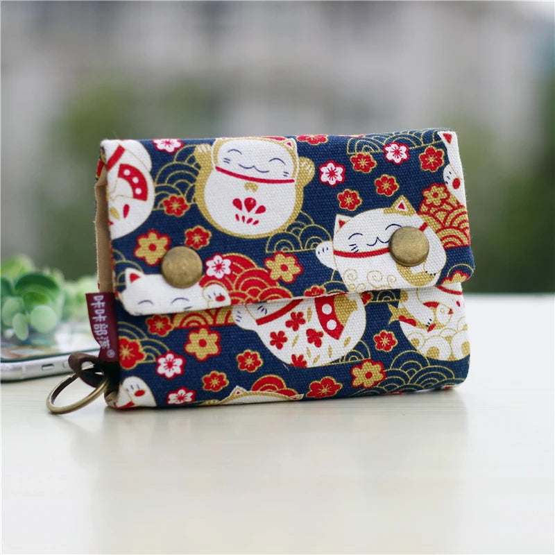 Handmade Three Fold Fabric Wallet Women Men Simple Short Zipper Purses for Teens Personality Multi-function Key Bag Card Holder