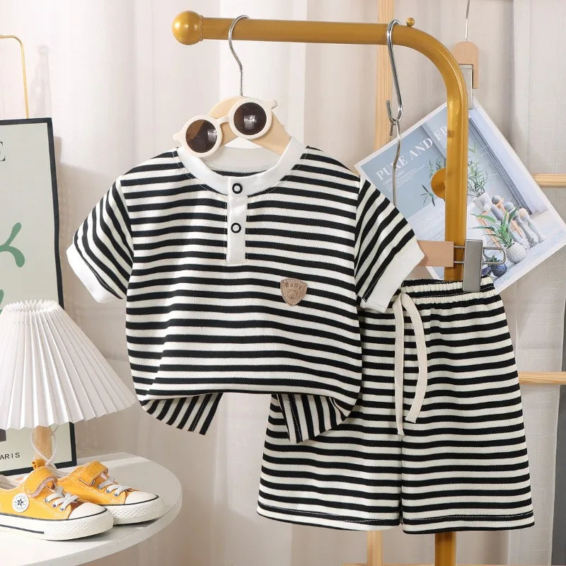 2025 New Baby Clothes Set Sleeveless Tee And Shorts 2pcs Boys Tracksuit Waffle Striped Toddler Girls Outwear