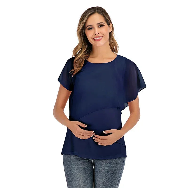 Women Short Sleeve Wrap Nursing T-Shirts Double Layer Blouse Tops Soft Breathable Pregnancy Maternity Tees Breastfeeding Moms