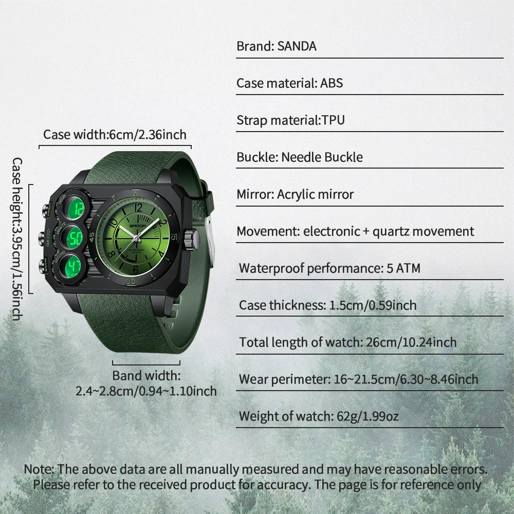 SANDA Men Watch Square Big Dial Waterproof Double Display Wristwatch Man Chronograph Digital Clock Men's Military Quartz Watches