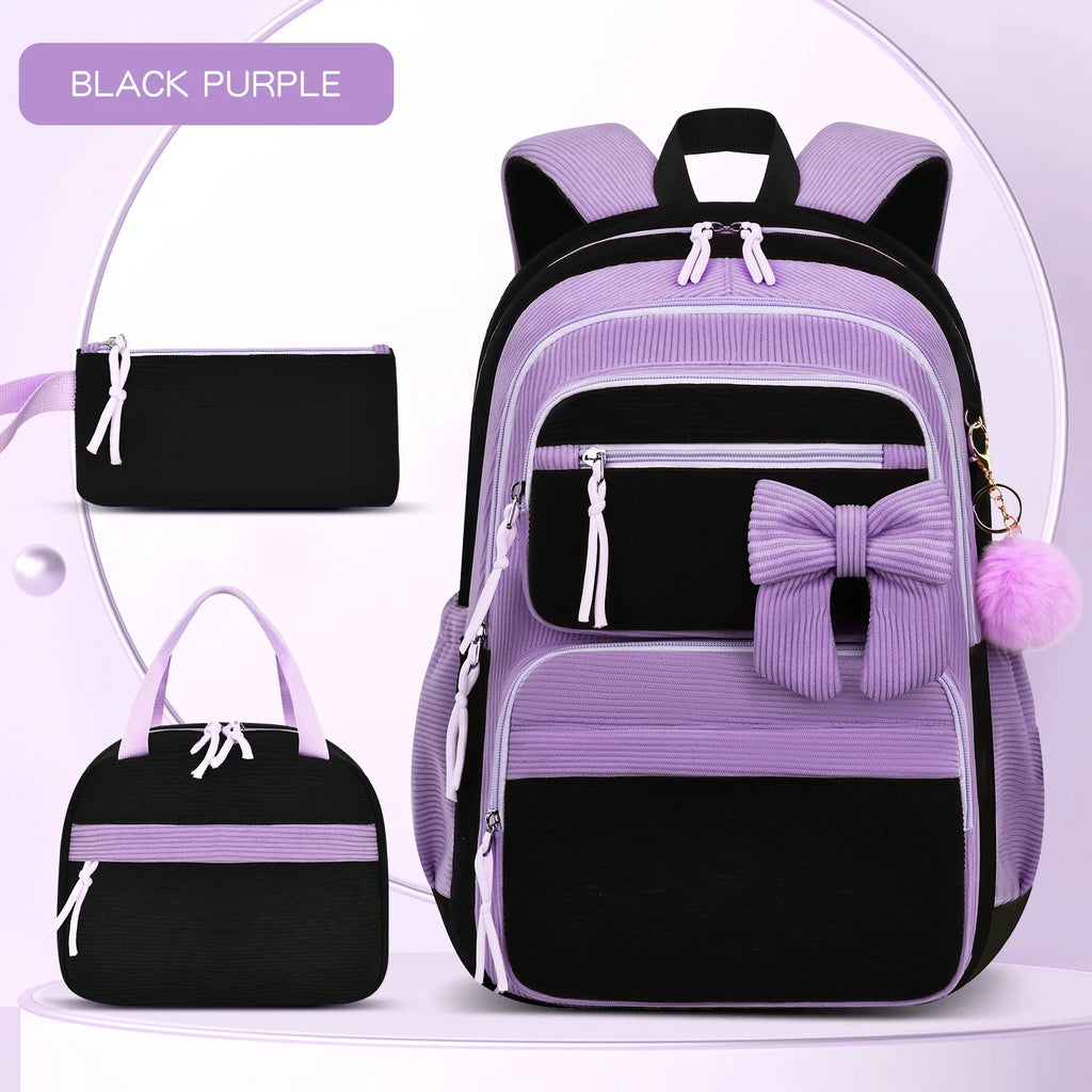 Corduroy Girls School Bags Korean Style Daily Backpack For Women lightweight bow Travel Backpacks Teenagers Casual Bags