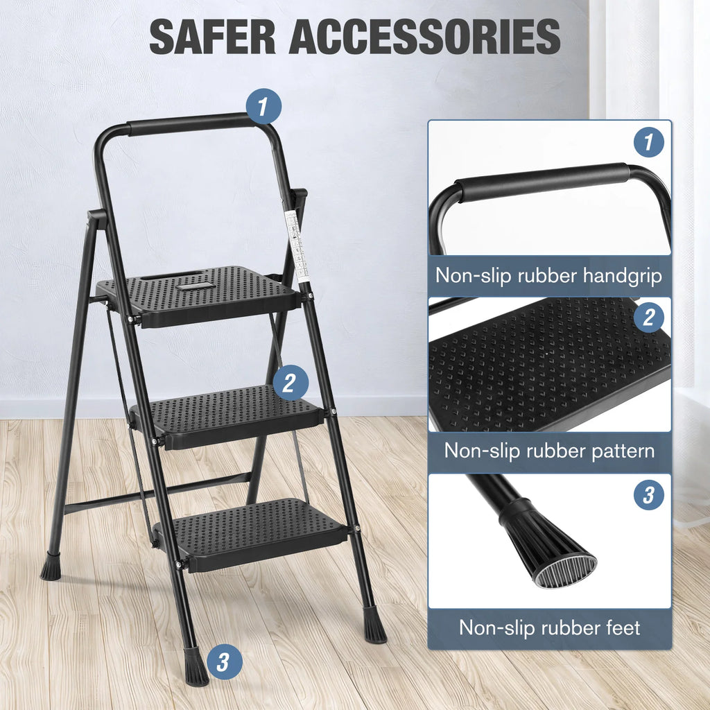 JHK Folding 2/3 Step Ladder Stool with Anti-Slip Pedal 800lbs Capacity Sturdy Steel Portable Cushioned Handle for Kitchen Home