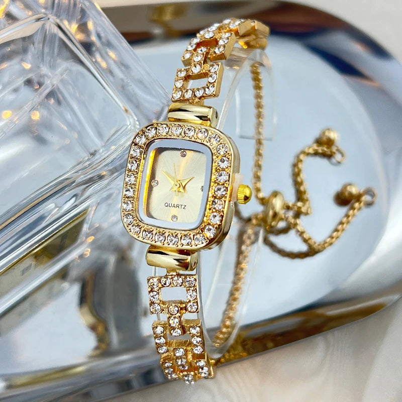 Cross-Border New Small Square Bracelet Pull Women's Watch Free Adjustment Square Chain Diamond Set Small Ladies Quartz Watch