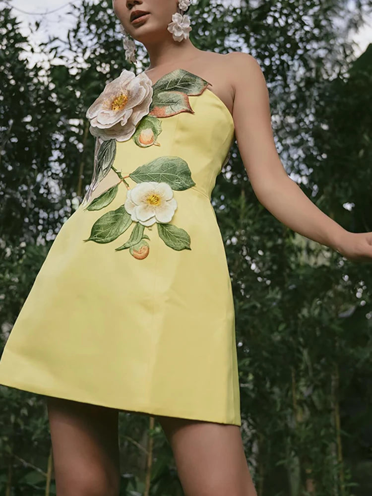 Sexy Strapless Embroidered Flower Mini Dress Women Yellow Sleeveless Backless Floral A-line Dresses Evening Party Cocktail Gowns