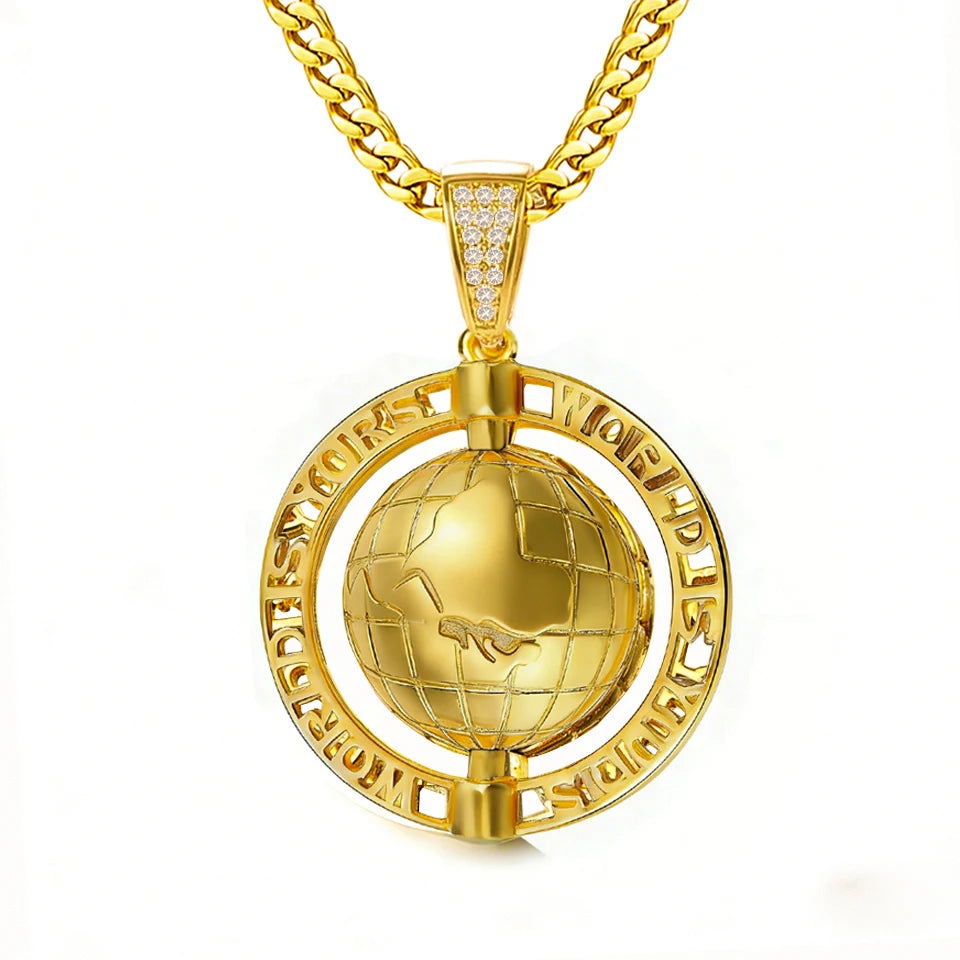 VANAXIN Vintage Globe Earth Tellurion Pendant Necklace 14k Gold Plated Cubic Zircon Hip Hop Chain Gold Color Gift for Women Men