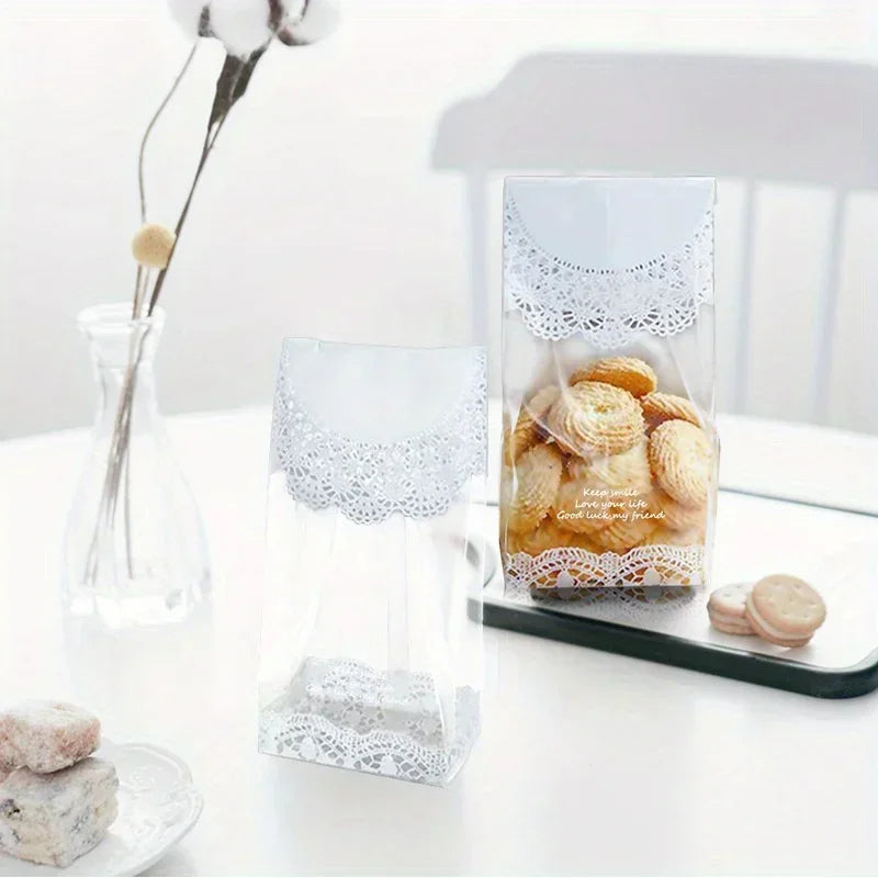 50pcs/lot White Lace Cookie Biscuit Bag Wedding Gift Candy Cupcake Hand Made DIY Christmas Plastic Packaging Bags
